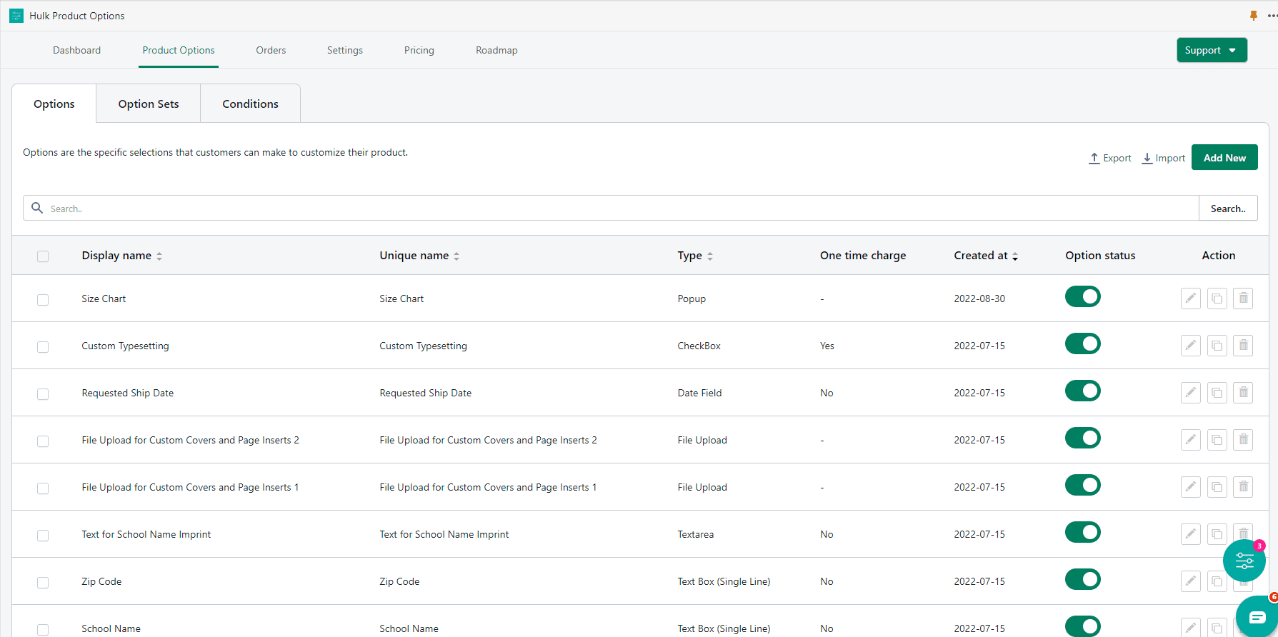 screenshot of Shopify Product Options App